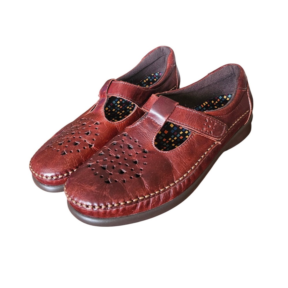 SAS Burgundy Leather T-Strap Mary Jane Comfort Shoes USA Womens‎ 8 Narrow
